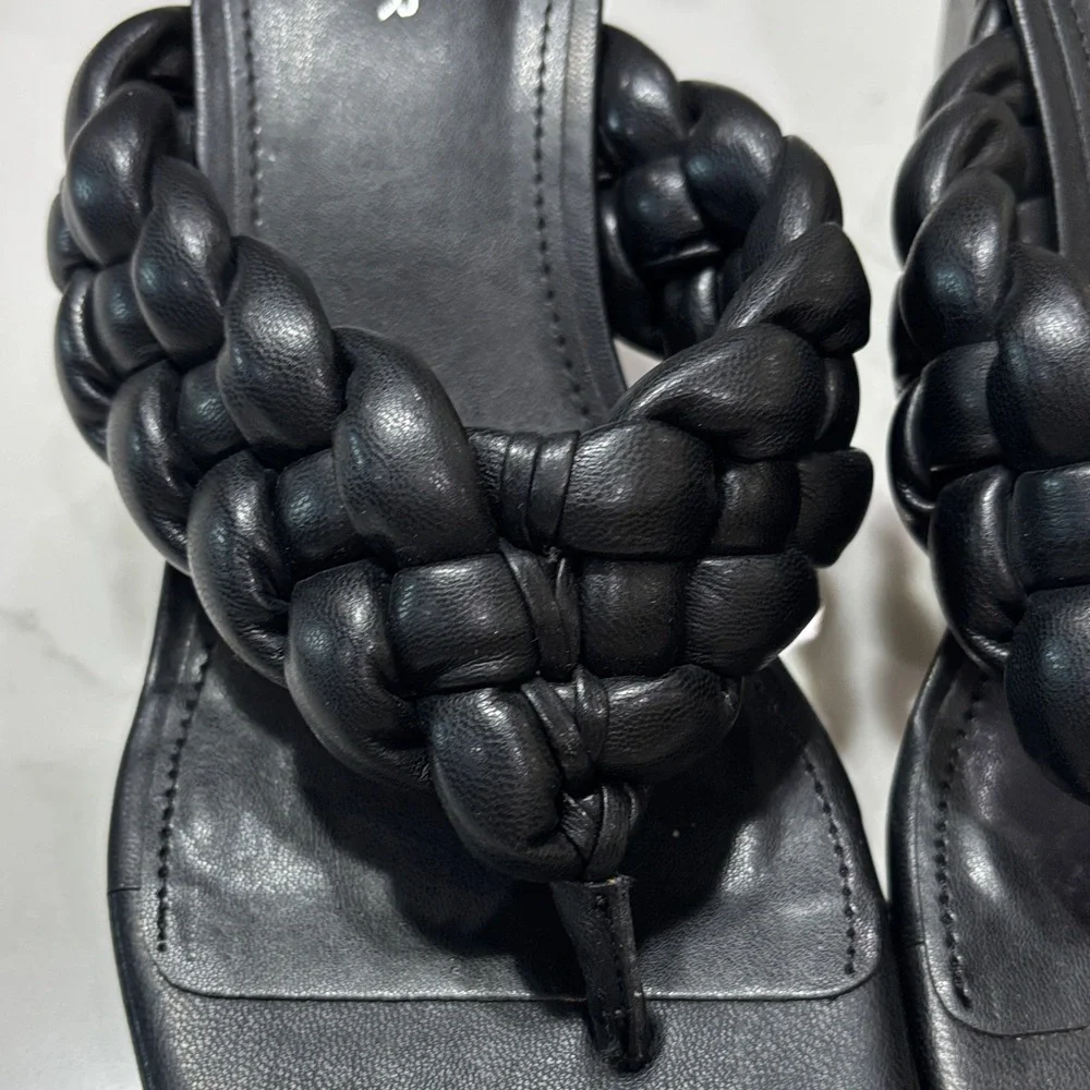 Marc Fisher Black Braided Leather Block Heel Thong Sandals